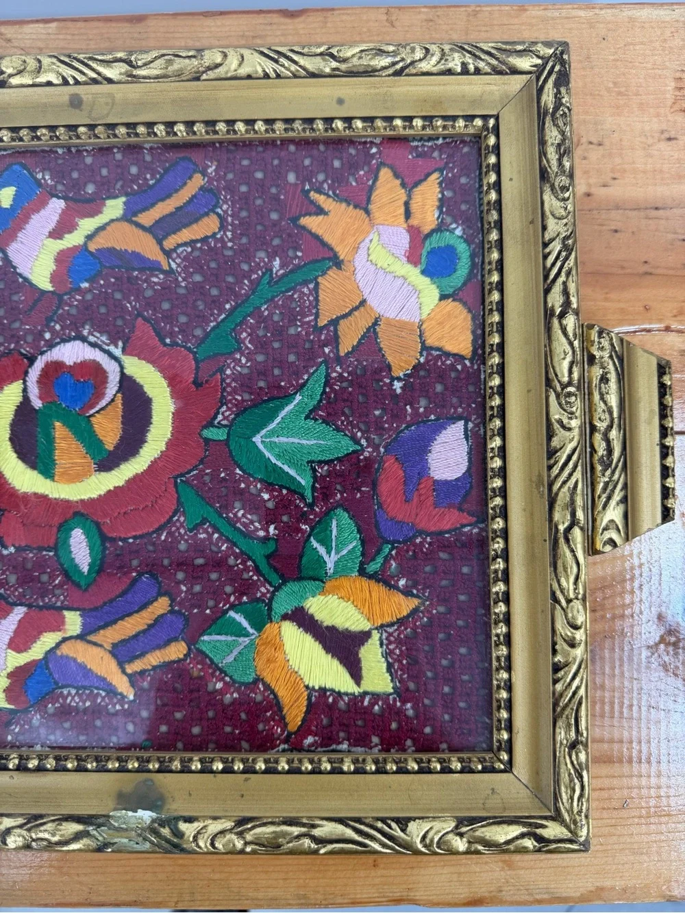Vintage 70’s Framed Needlepoint Embroidered Floral Glass Vanity Gold Tray